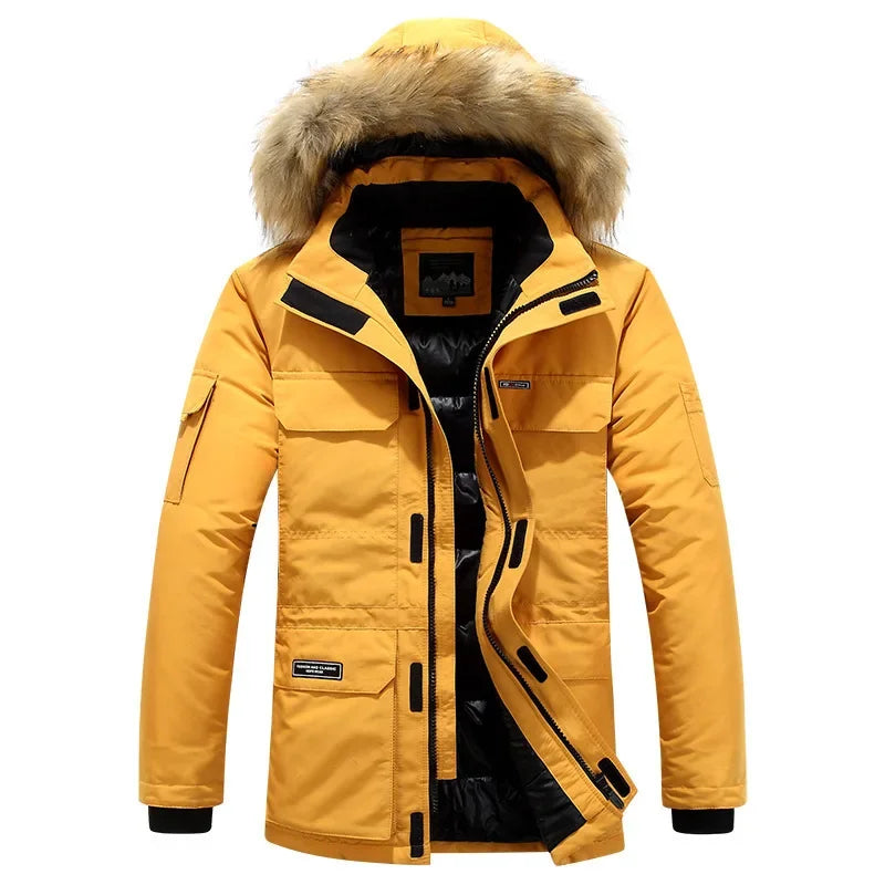 Crocksy Men’s Winter Fur Hooded Parka – Duck Down Snow Jacket, Windproof & Warm
